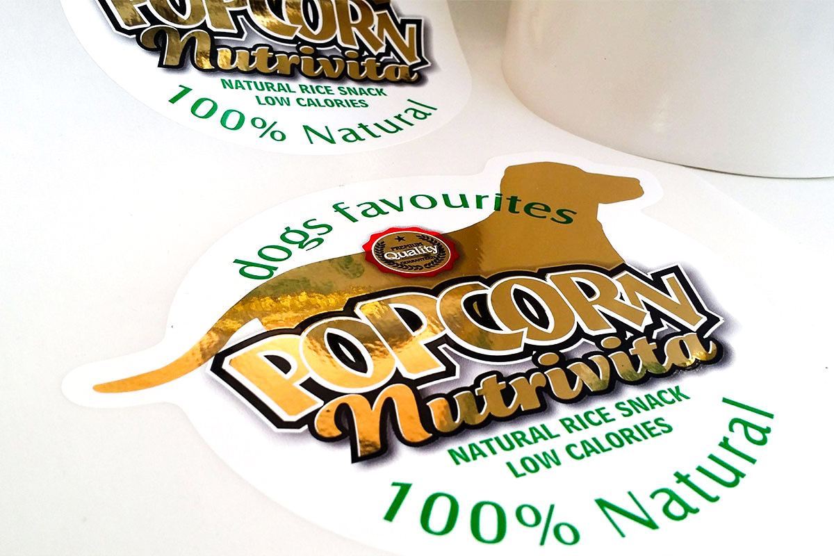 self-adhesive labels on white foil, digital printing, gold cold stamping