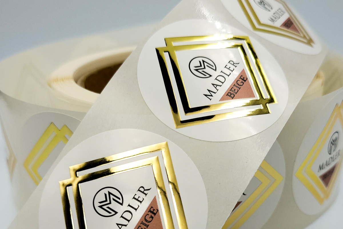 Self-adhesive label Digital printing, white gold foil, 3D